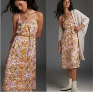 Anthropologie Tanya Blooms Floral Prints Midi Gold Dress Size XL